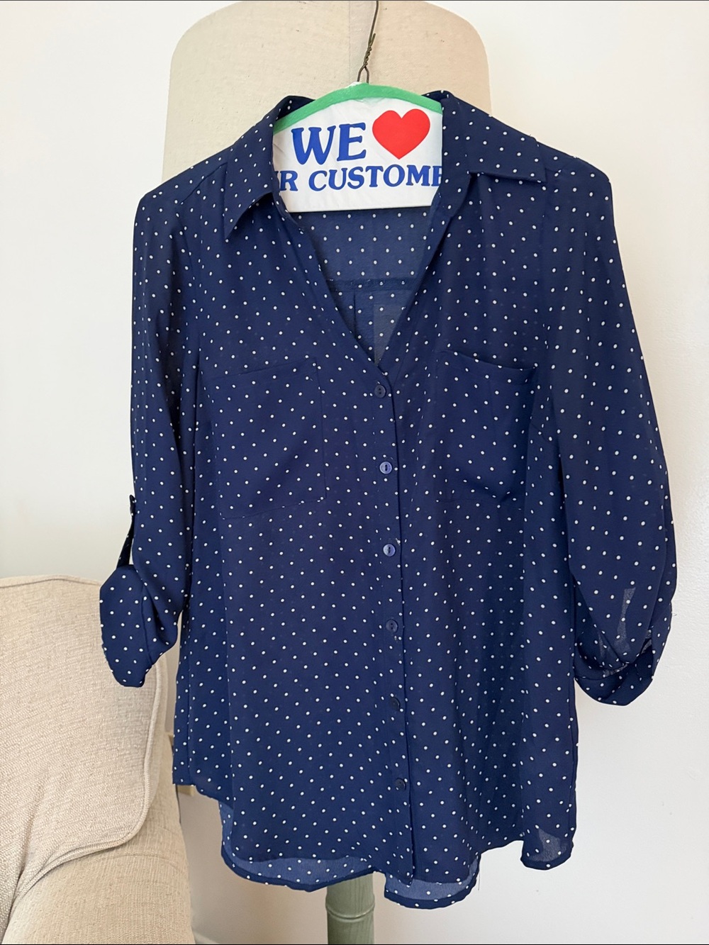 Navy Polka Dot Button-Down Shirt - Classic Women's Top